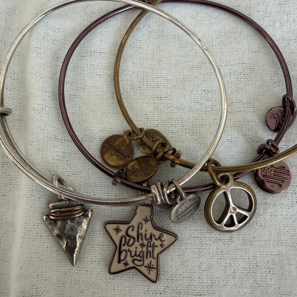 Alex and Ani peace, arrowhead, and star silver and gold bracelets